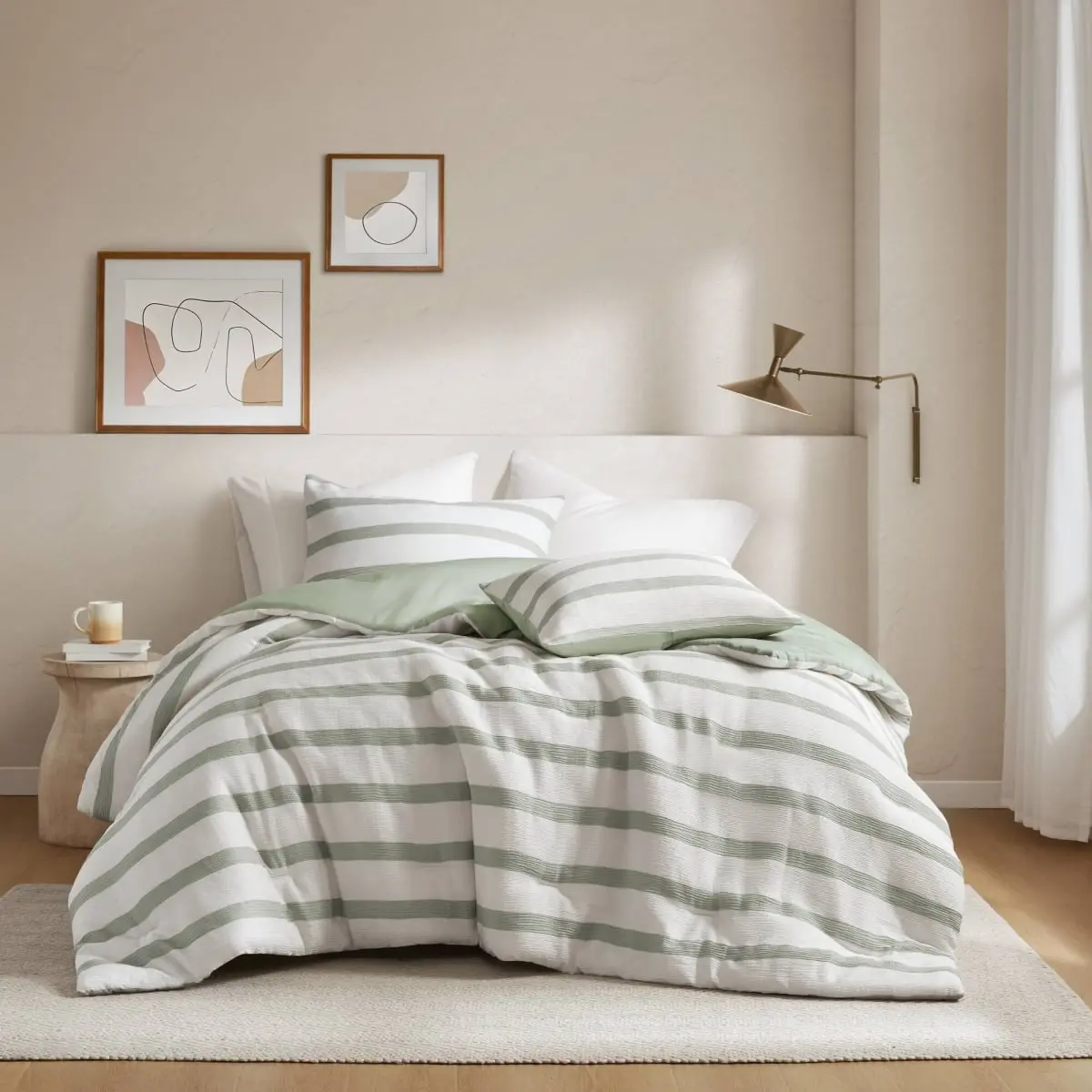 Sage Green Full/Queen Premium Yarndyed Striped Comforter AM10-0612 - Luxury Bedding with 360-Degree Stand, 200gsm Polyester Polyfill, Skin-Friendly Ultrasoft Microfibre Reverse, Minimalist Neutral Duvet, All-Season Machine Washable Bedspread