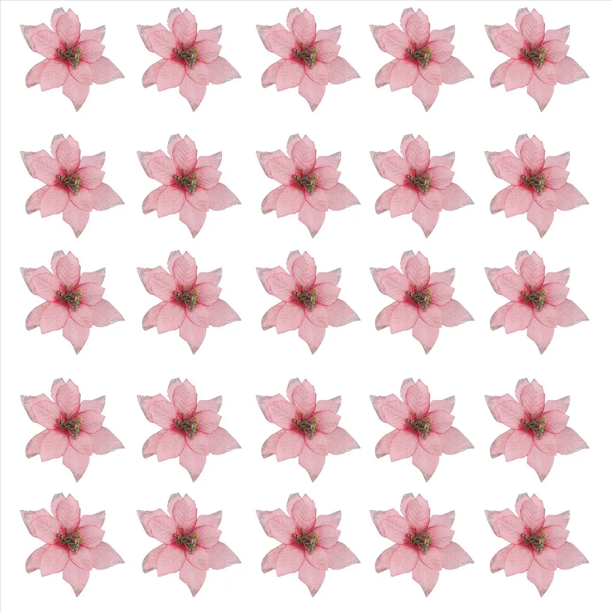 50 Pack Glitter Poinsettia Christmas Tree Ornaments 5Inch Artificial Silk Flowers Picks Decor Wreath Garland (Pink)