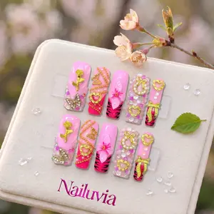 Nailuvia｜10PCS 100% Handmade Press-On Nails｜D052 1.3 Inch｜Reusable Colorful Art Acrylic Stylish｜Luxury Pink Coquette Long Square