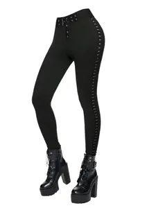 2024 Women's Gothic Pants Solid Color Buckle Grommet Waist Long Pants Rivet Decor Women Casual Jogger Pants