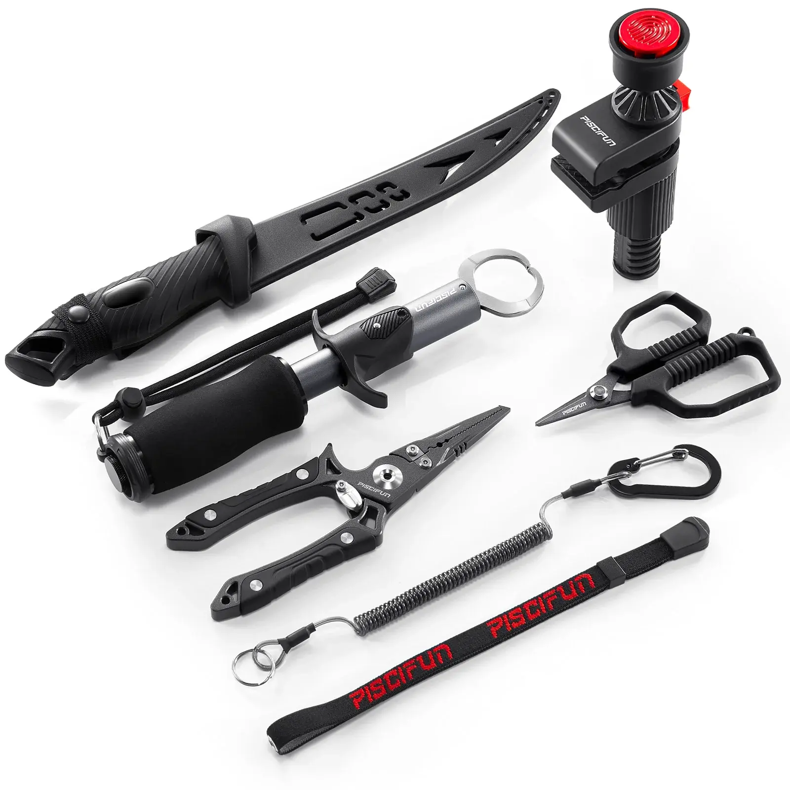 Piscifun 6-Piece Fishing Tool Kit - Auto-Lock Design 360° Rotation 20kg Scale Line Spooler, Pliers, Fillet Knife, Braid Scissors, Aluminum Gripper, Lanyard - Essential Fishing Gear for Anglers, Fast & Easy Line Spooling