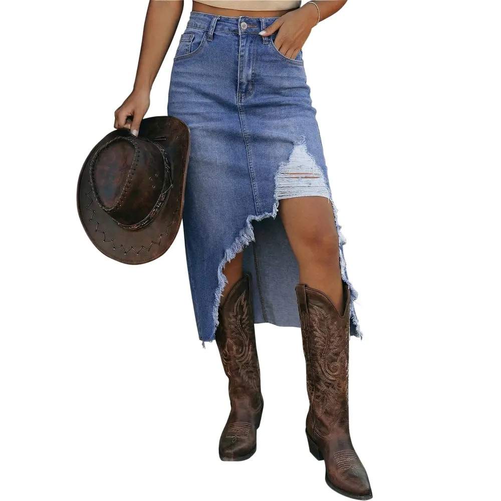 Dokotoo High Waisted Denim Skirt for Women Distressed Summer Button Front Ripped Midi Jean Skirt