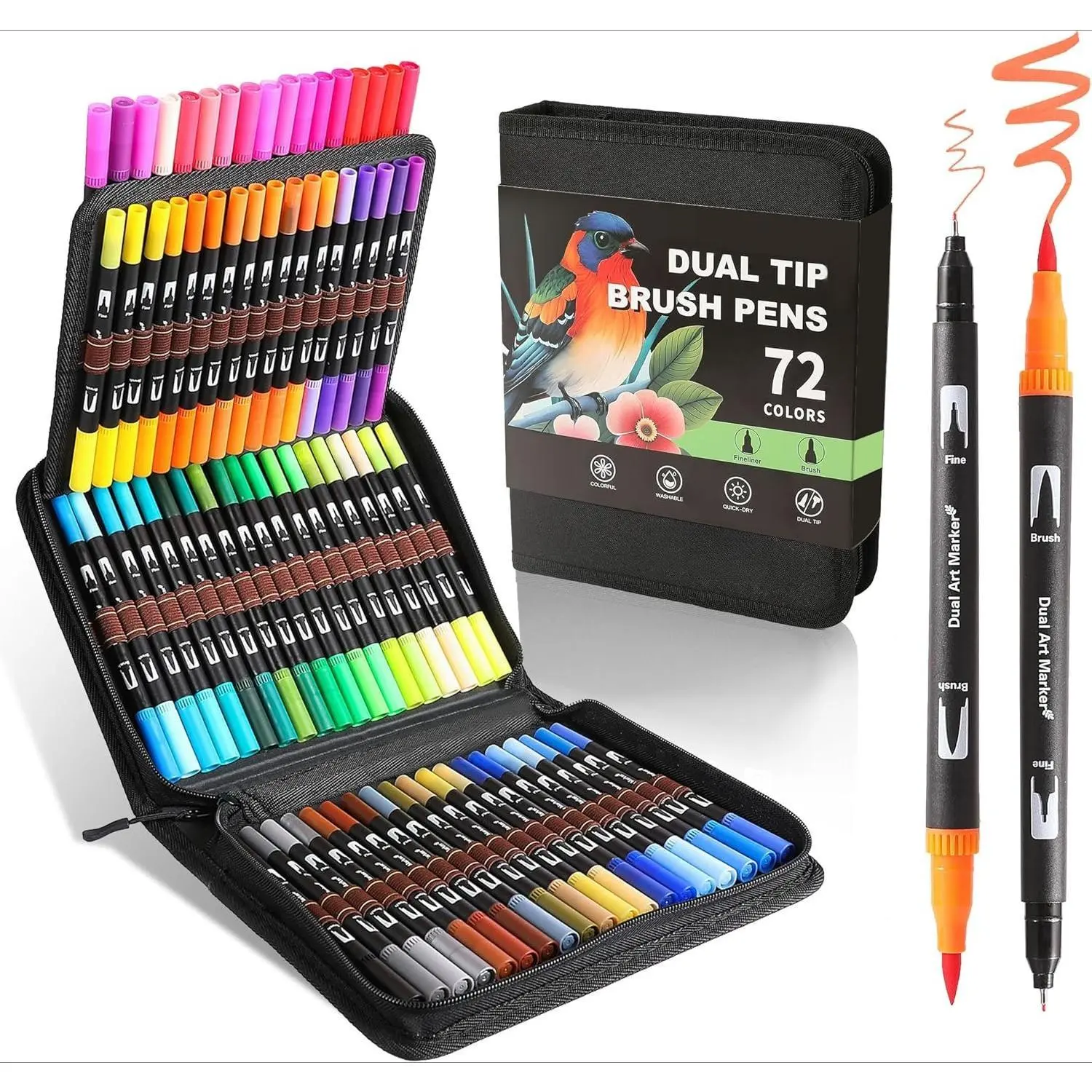 L-MKP001 72-Color Vibrant Cap-Coded Dual-Tip Watercolor Markers Set - 0.4mm Fine & Brush Tip, Dry Quickly, No Bleeding Unisex Art Supplies for Artists, Graduations, Coloring Books
