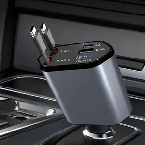 4 in 1 Retractable Car Charger, USB Fast Charging Adapter [MAX 100W] with Lighting Cable&Dual Charge Port Compatible with all phone