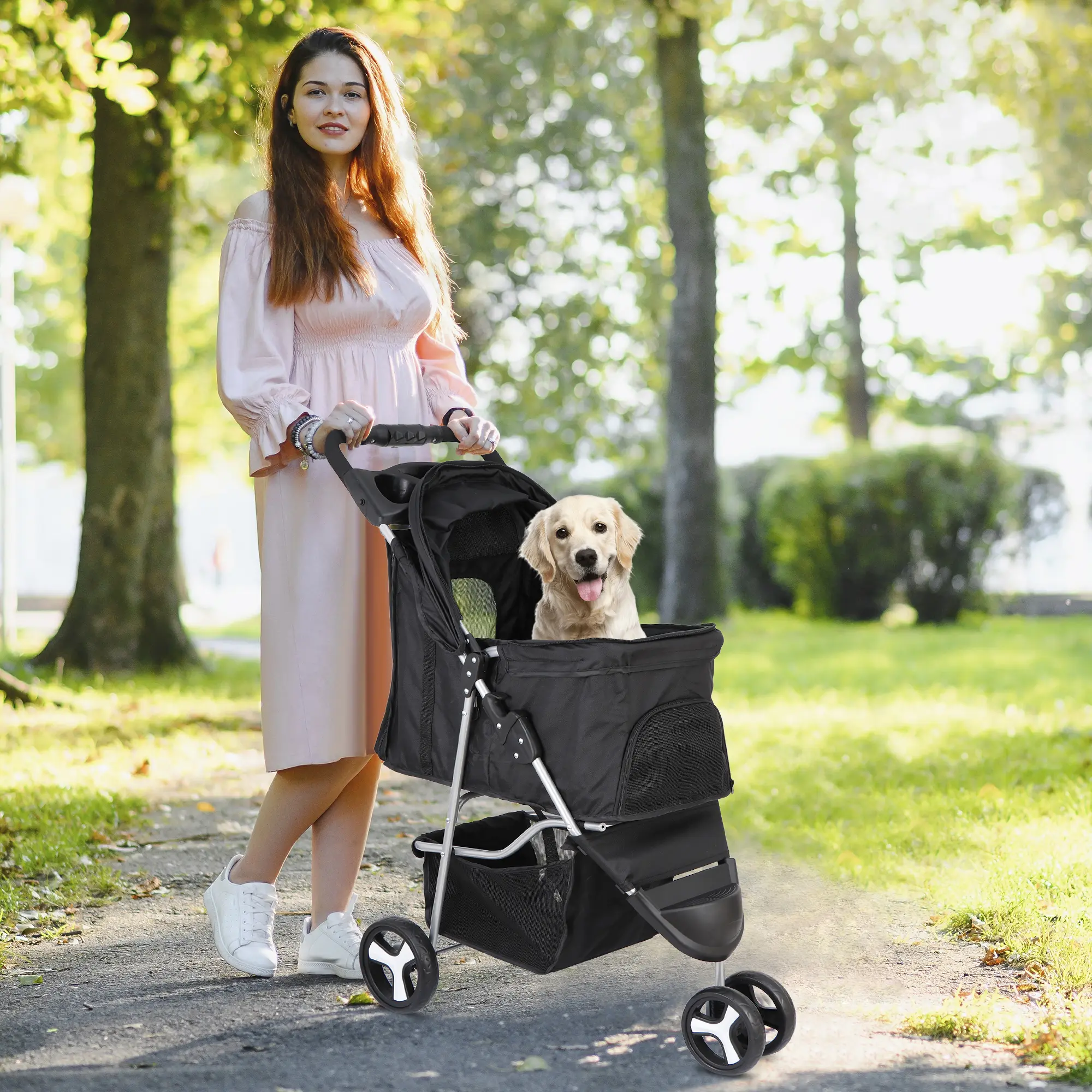 LEMY 3-Wheel Pet Stroller for Cats & Dogs, 360° Swivel Front Wheel, Foldable Convertible Outdoor Animal Carrier with Tray, Durable Fabric & Metal Frame, 12.9lbs Lightweight Design, 31.9" L X 18.5" W X 40" H