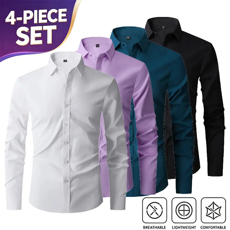 4-Pack Men’s Business Slim Fit Long Sleeve Shirts – Formal & Casual, Versatile Solid Color, Wrinkle-Free