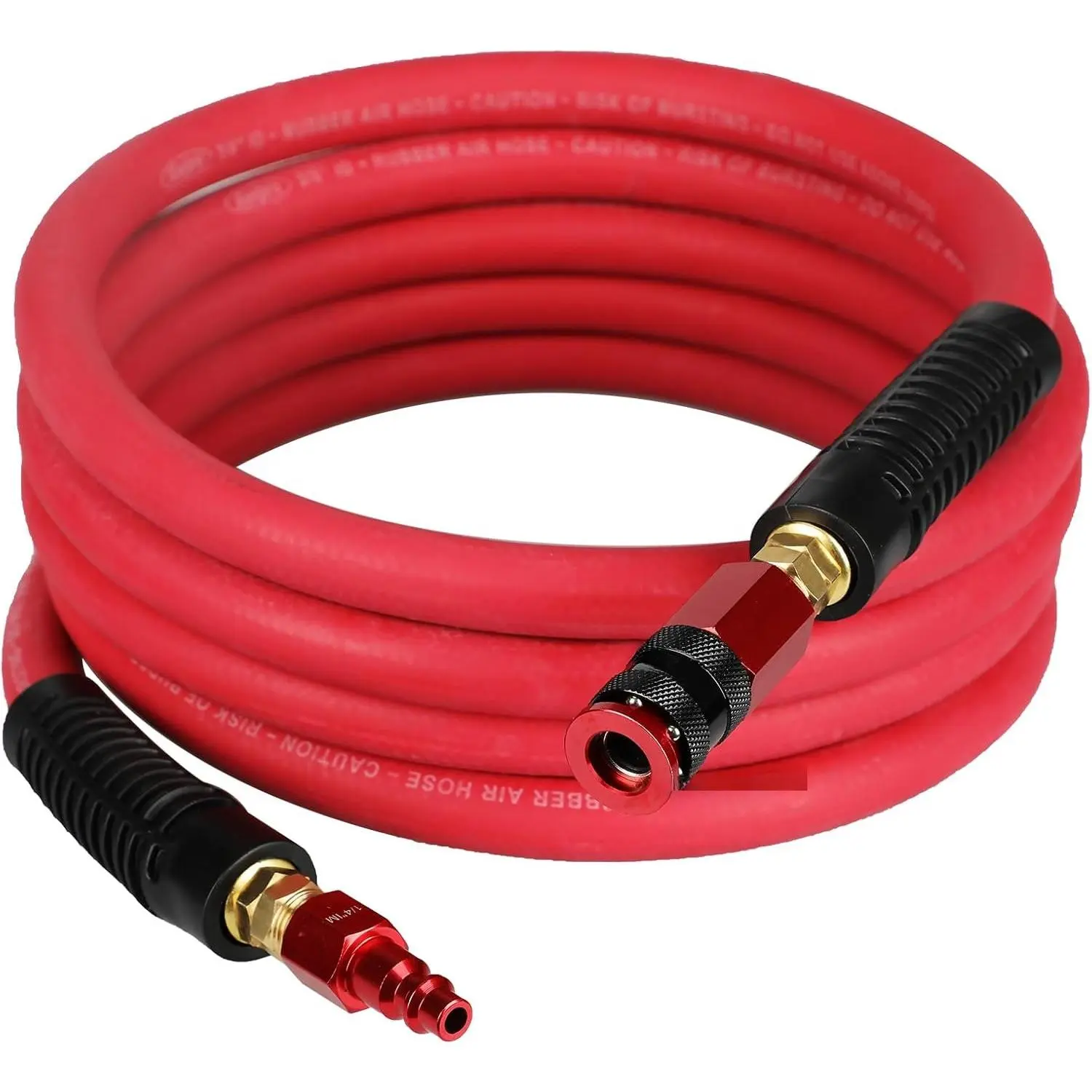 Heavy Duty Flexible Rubber Air Hose for Air Compressors & Pneumatic Tools, 3/8-inch ID x 10 in Long, High Visibility Red, Max Working 300 PSI, Bursting 1200 PSI, Swivel Universal Aluminum Quick Couplers, Brass Fittings, Swivel Plug, Manufacturer Warranty