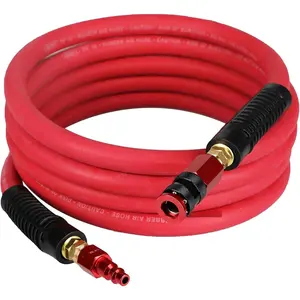 Rubber Air Hose, Durable Air Compressor Hose 3/8 Inch ID By 10  Long with Swivel Universal Aluminium Quick Coupler and Plug, 300 PSI Maximum , Red