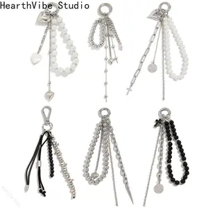 HearthVibe Studio Elegant Metal Pearl Beaded Keychain Peach Heart Shape Tassel Decoration Pendant Jewelry Bead Bag Chain Gifts