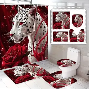 Luxury Bathroom Set with Leopard & Rose Print Shower Curtain, Bath Mat, Toilet Lid Cover, U-Shaped Tray, Elegant Home Decor Gift