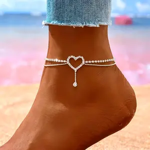 Exquisite Shiny Double Layer Anklet Silvery Heart Drop Rhinestone Chain Handmade Women's Ankle Chain Sparkling Hollow Heart Tassel Foot Chain Vacation Beach Bracelet Jewelry, Charms Jewellery Gift