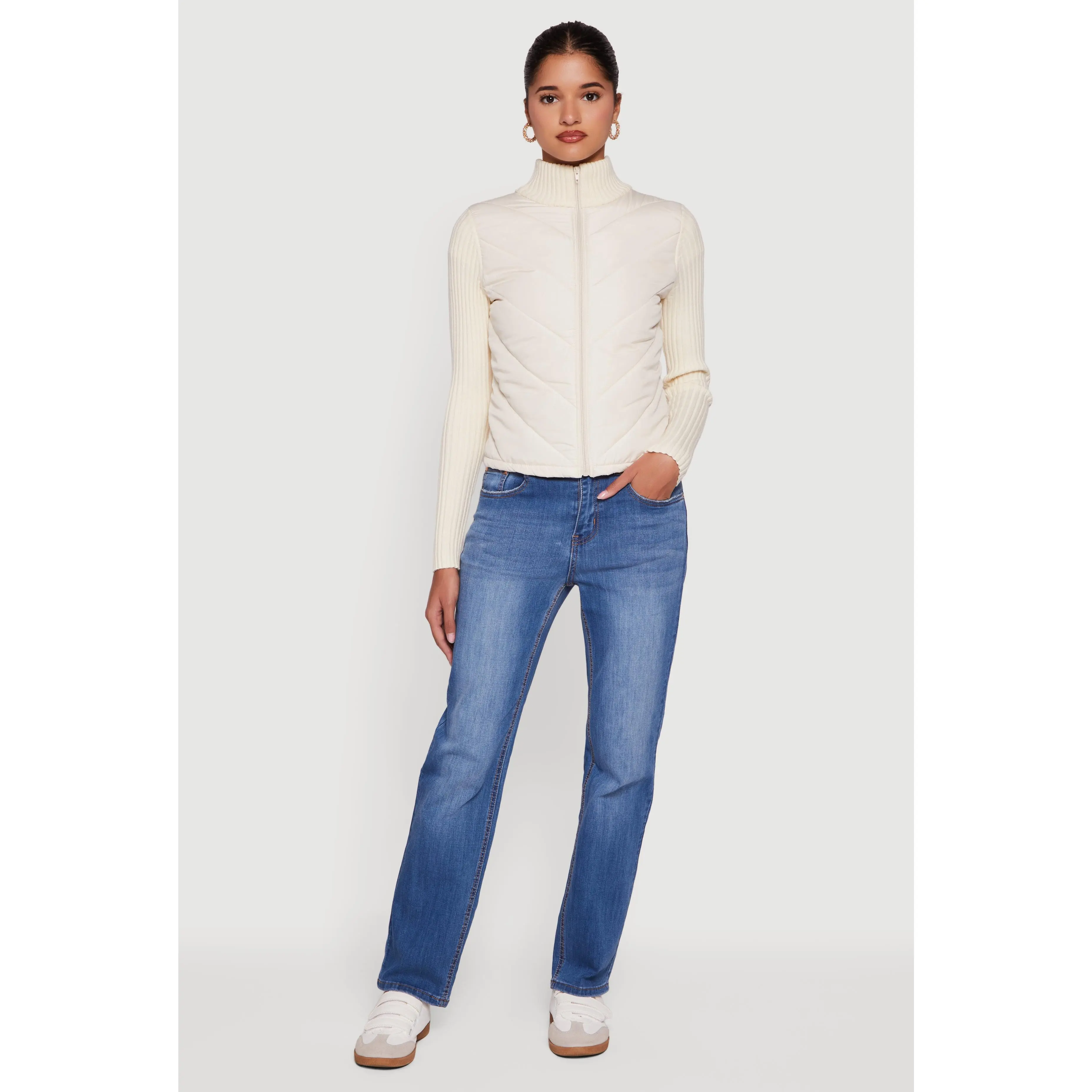 Quilted Puffer Jacket with Ribbed Knit Sleeves