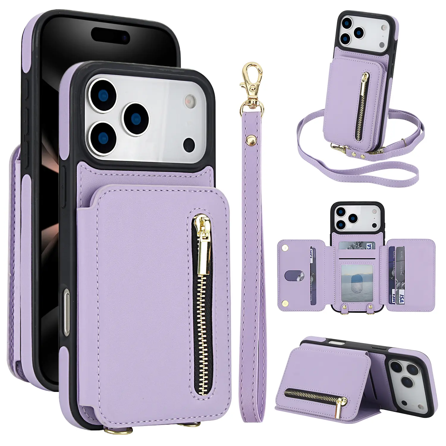 PU Leather Crossbody Wallet Case for iPhone 17 Pro Max, 16 Plus, 16, 15, 14, 13, 12, 11 - Detachable Lanyard, Hand Strap, Cash Holder, Zipper Closure, Credit Card Slots, Mobile Phone Accessory Flip Cover
