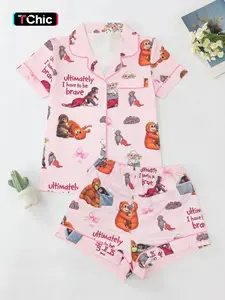 Women's Cartoon Monkey Print Pajama Set, Soft Smooth Fabric, Comfortable Loose Fit, Butterfly Pattern, Short Sleeve Top and Shorts Nightwear Pjs