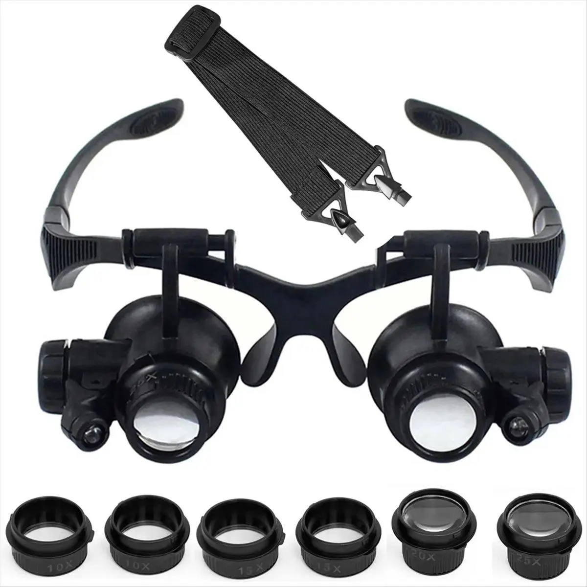 Lightweight Black Acrylic Lens Portable Headband Magnifier Accessories with Stand, Illuminated LED Double Eye Jeweler Loupe, 10X-15X-25X Interchangeable Lenses, 180-Degree Rotation for Watch Repair