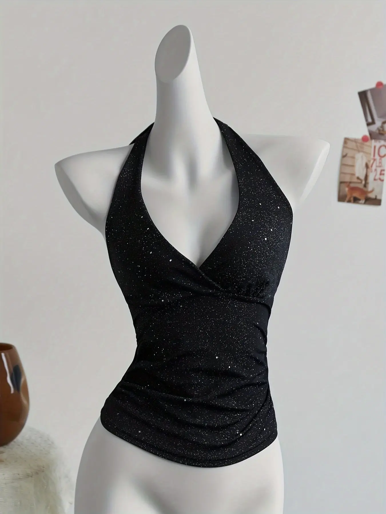 Summer New Fashion Chic Elegant Style Fit Shiny Cross Back Top, Crisscross Back Tank, Halter Neck Sleeveless Blouse, Shoulder Exposure Beach Vacation Women's Clothing, Classy Tops, Womenswear, Halter Garment