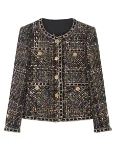 Women's Button Front Tweed Jacket Coats, Elegant Fashion Casual Round Neck Outerwear for Daily Outdoor Wear, Womenswear Clothing for Spring Fall