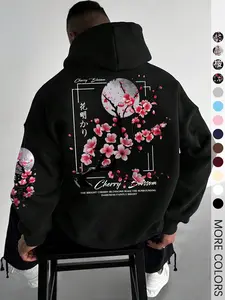 Men's Floral Print Drop Shoulder Thermal Lined Hoodie, Floral Hoodies, Fashion Casual Regular Fit Drawstring Pocket Hooded Sweatshirt, Casual Streetwear Sweatshirt for Daily Holiday Outdoor Wear, Men Clothes for Fall & Winter