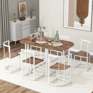 7-Pieceying Table Set, Faux Marble Compact 55Inch Dying Table Chair Set for 6 Person, Modern Cooking Room Furniture Set