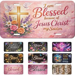 Pink Floral Blessed 6x12 in 4-Hole Aluminum Front License Plate, Cute Christian Girly Car Accessories, Girly Car Decor, Automotive Gift for Women, Fit for Trucks, SUVs