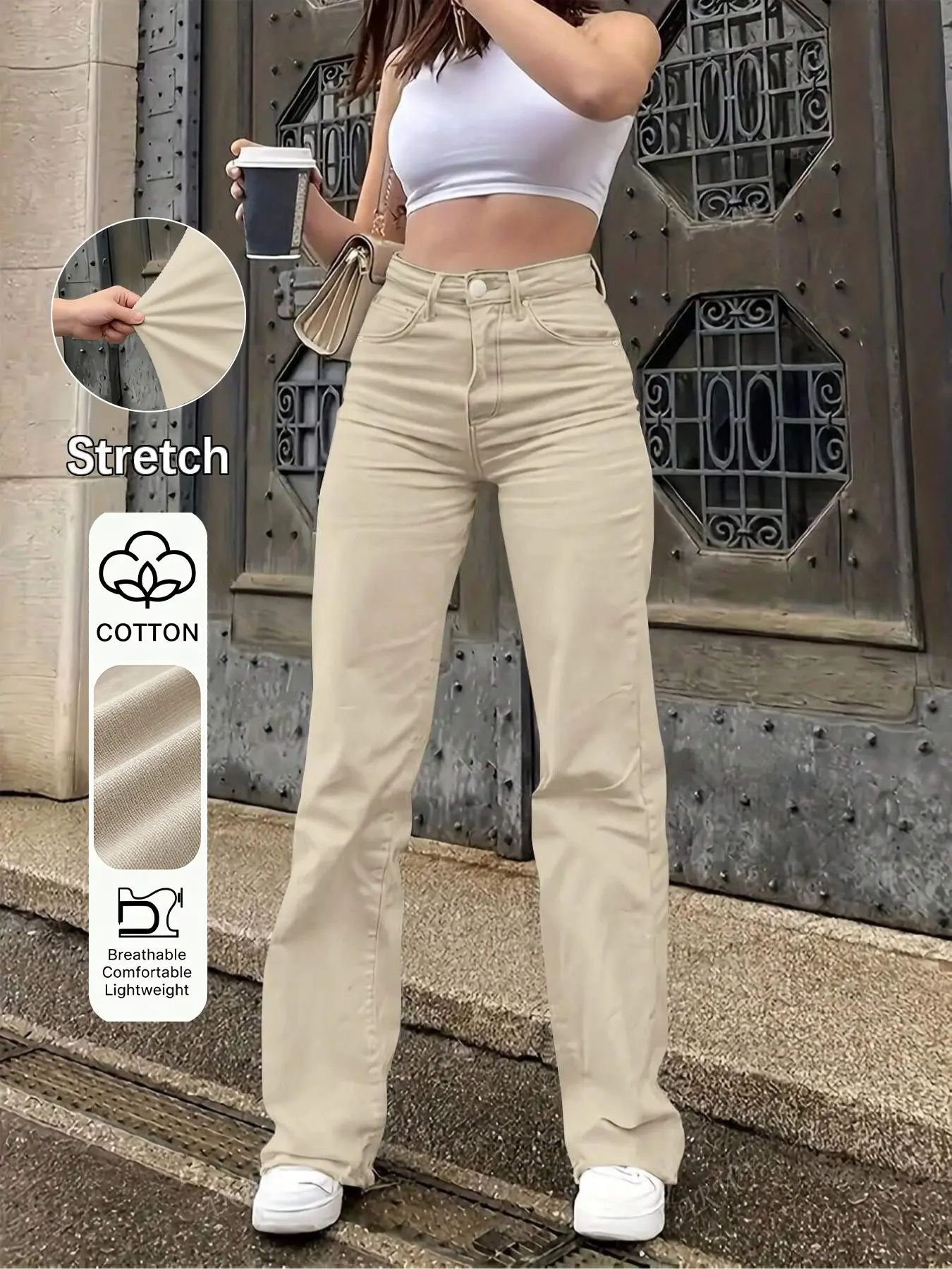 Women's High Waist Stretch Straight Leg Pants, Casual Elastic Waisted, Button, Comfortable Fit Design, Fashion Versatile Long Pants, Perfect for Casual Daily Wear, Casual Fitted Bottoms, Button Fly Trousers