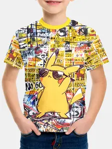 Street Pikachu Printed Short Sleeve T-Shirt, Comfortable Casual Versatile Outerwear, Daily Wear, 100% Polyester, Kids Summer Clothing