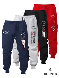 Men's Flag Pattern Drawstring Waist Sports Pants, Casual Comfortable Fit for Spring & Fall, Daily Wear Versatile Style Fitness Training Pant