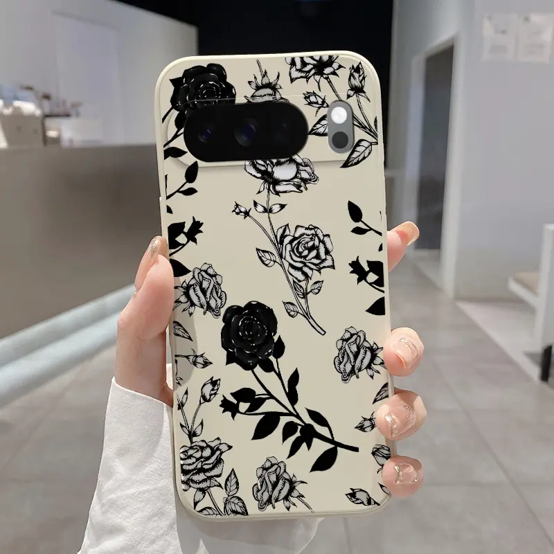 Rounded Edge Phone Case for Google Pixel 10 9 8 7 Pro A XL Monochrome Roses Pattern Shockproof Liquid Silicone TPU Bumper Drop Protection Cover Smartphone Casing