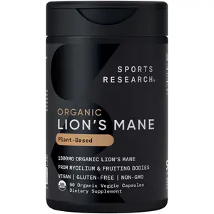Sports Research® Organic Lion's Mane Mushroom Supplement 1800mg - Brain Health, Focus & Cognitive Supports - USDA Certified Organic · Non-GMO · Vegan - 90 Count Capsules