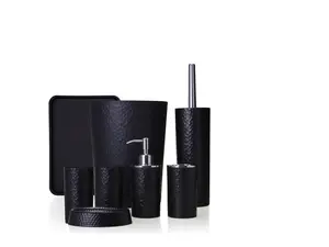 Rosewill Bathroom Accessories 8-Piece Set – Trash Can, Toilet Brush with Holder, Lotion Dispenser, Toothbrush Holder, 2 Toothbrush Cups, Soap Dish & Tray - Black