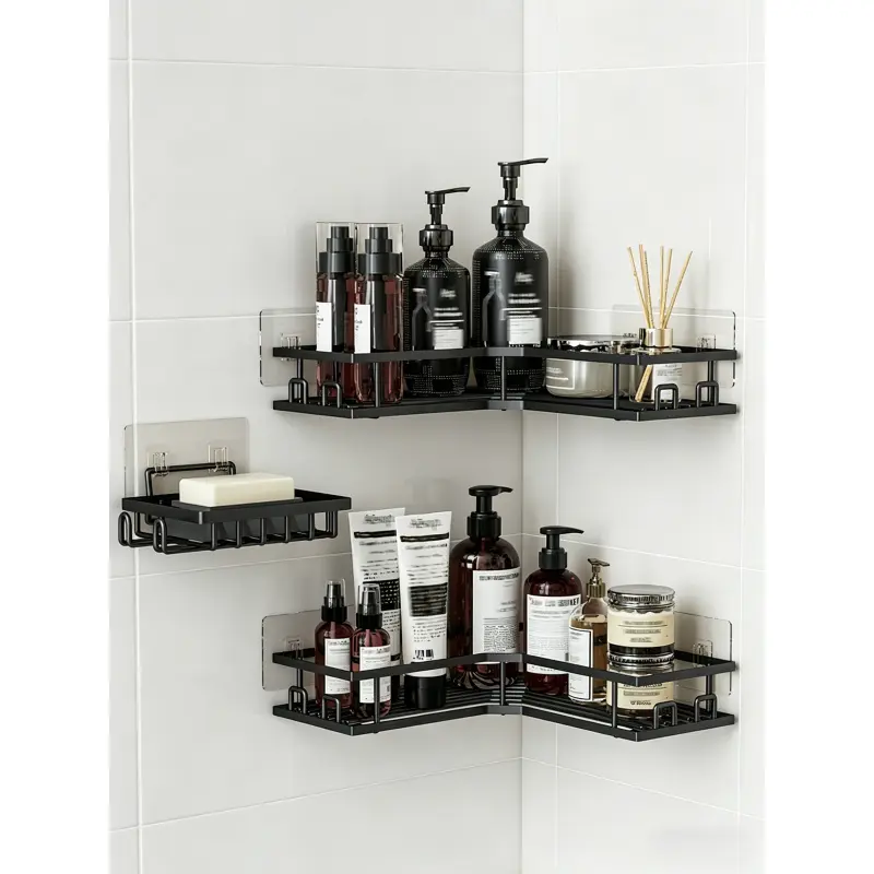 3PCS No-Drill Bathroom Corner Shower Caddy Set, Rustproof Black Metal Wall Mounted Organizer with Soap Holder, Waterproof Adhesive Shelves for Bathroom & Kitchen Storage, Bathroom Organization