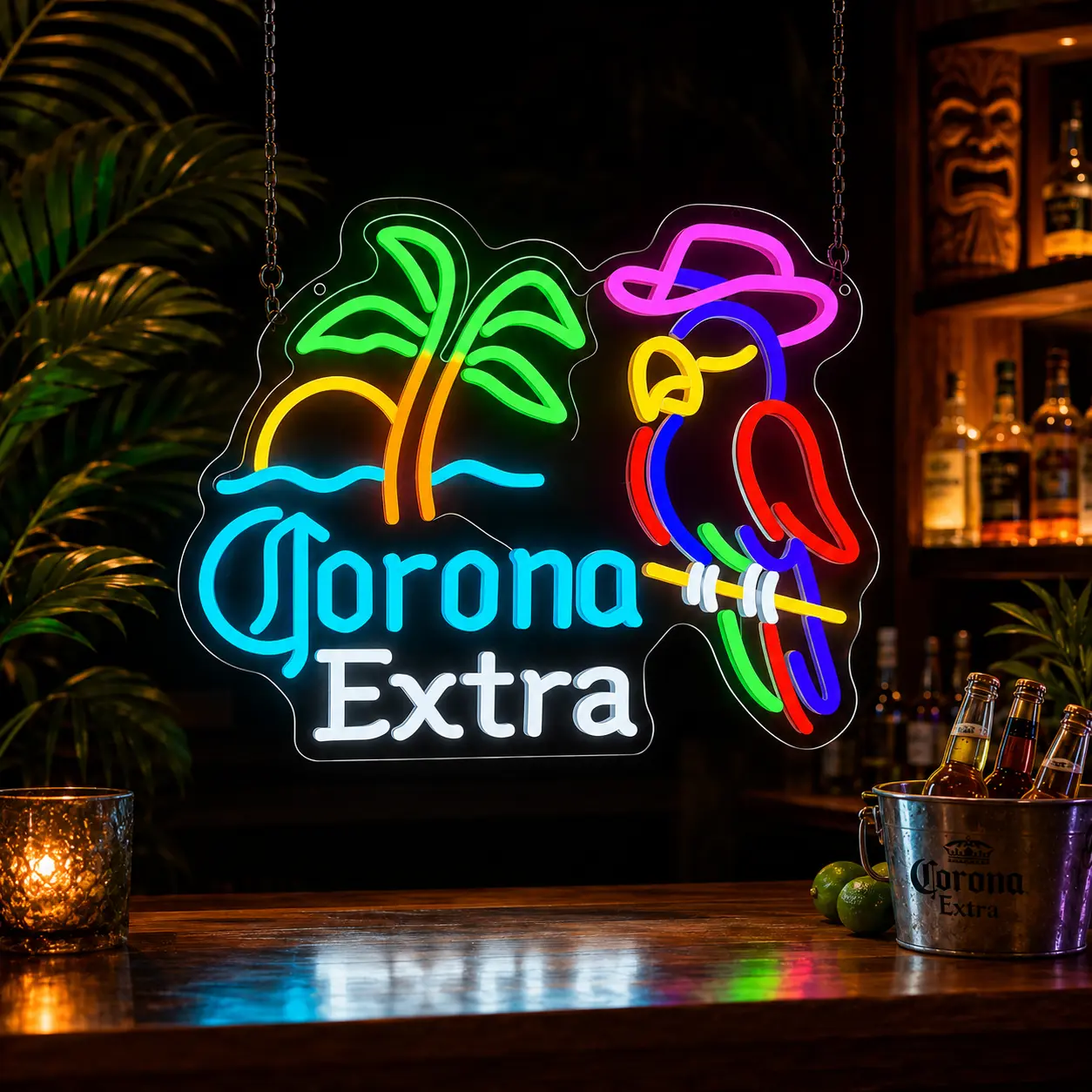Parrot Palm Tree LED Neon Sign - Hawaiian, Character-Shaped, Multicolor, Neon-Lit Novelty Lighting for Bar, Patio, Beer Lovers’ Gift, Tropical Beach Style Wall Decor, Party & Game Room Beer Light, Hawaiian Novelty Lighting