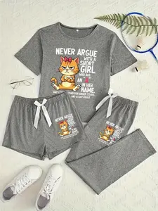 Cute Cat Three-Piece Home Wear Set, Casual Cartoon Pattern, Loose-Fitting, All Seasons, Comfortable Lounge for Adults, Homewear, Pajama Set, Loungewear, Pajamas Set