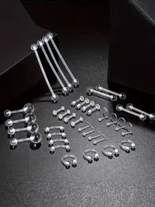 36pcs Piercing Kit with Plastic Retainers, Industrial Barbells, Eyebrow, Lip and Nose Rings, Acrylic Daith Labret & Clear L Shaped Jewelry, Body Piercing Jewelry
