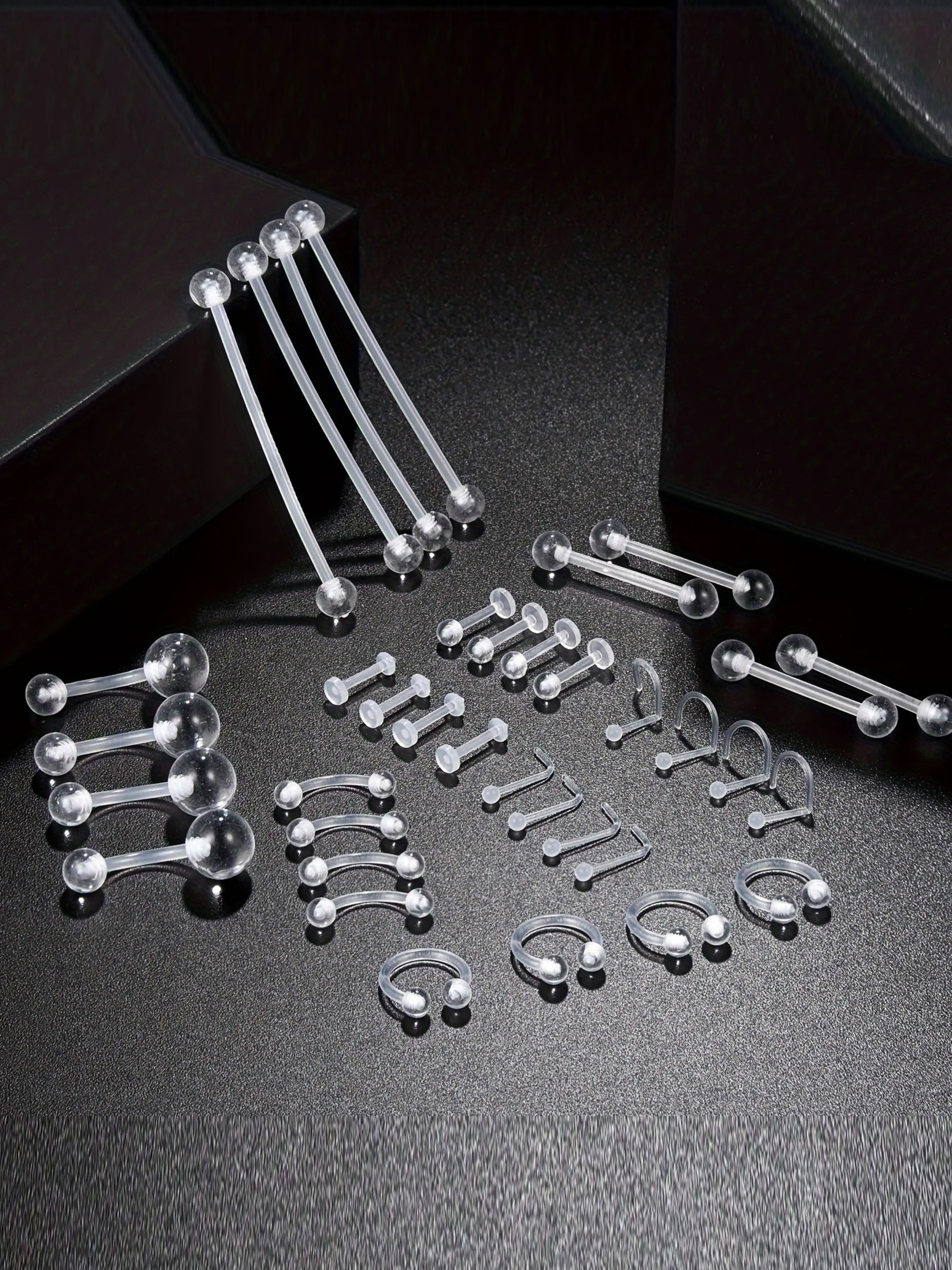 36pcs Piercing Kit with Plastic Retainers, Industrial Barbells, Eyebrow, Lip and Nose Rings, Acrylic Daith Labret & Clear L Shaped Jewelry, Body Piercing Jewelry, Body Piercings Set