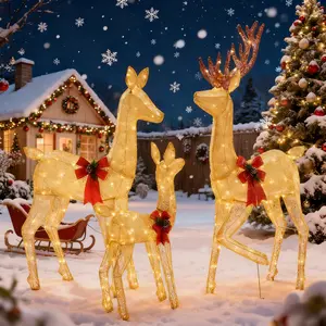 3-Piece Lighted Christmas Deer Family Set,5.3Ft with 360 Bright LED Warm Lights Standing Reindeer, Lawn Decor, Indoor Outdoor Front Yard Holiday Decoration, Stakes, Zip Ties, Gold Large Outdoor Reindeer