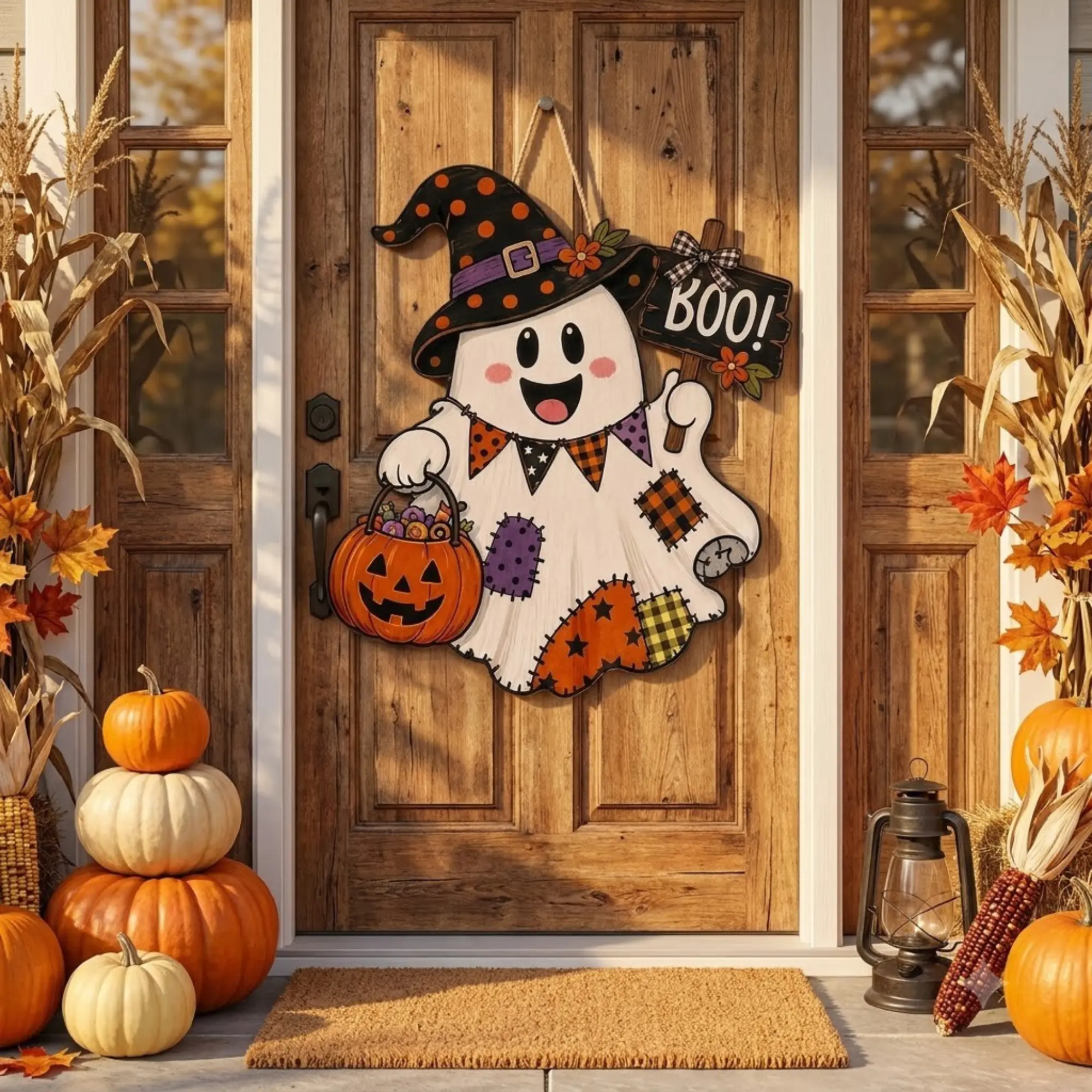 Cute Boo Ghost Door Plaque, Wooden Fall Hanging Decor for Farmhouse Front Door, Patio Accent, and Housewarming Gift