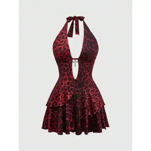 Y2K Sexy Harajuku Girly Goth Style Cross Decor Halter Leopard Print Mini Dress