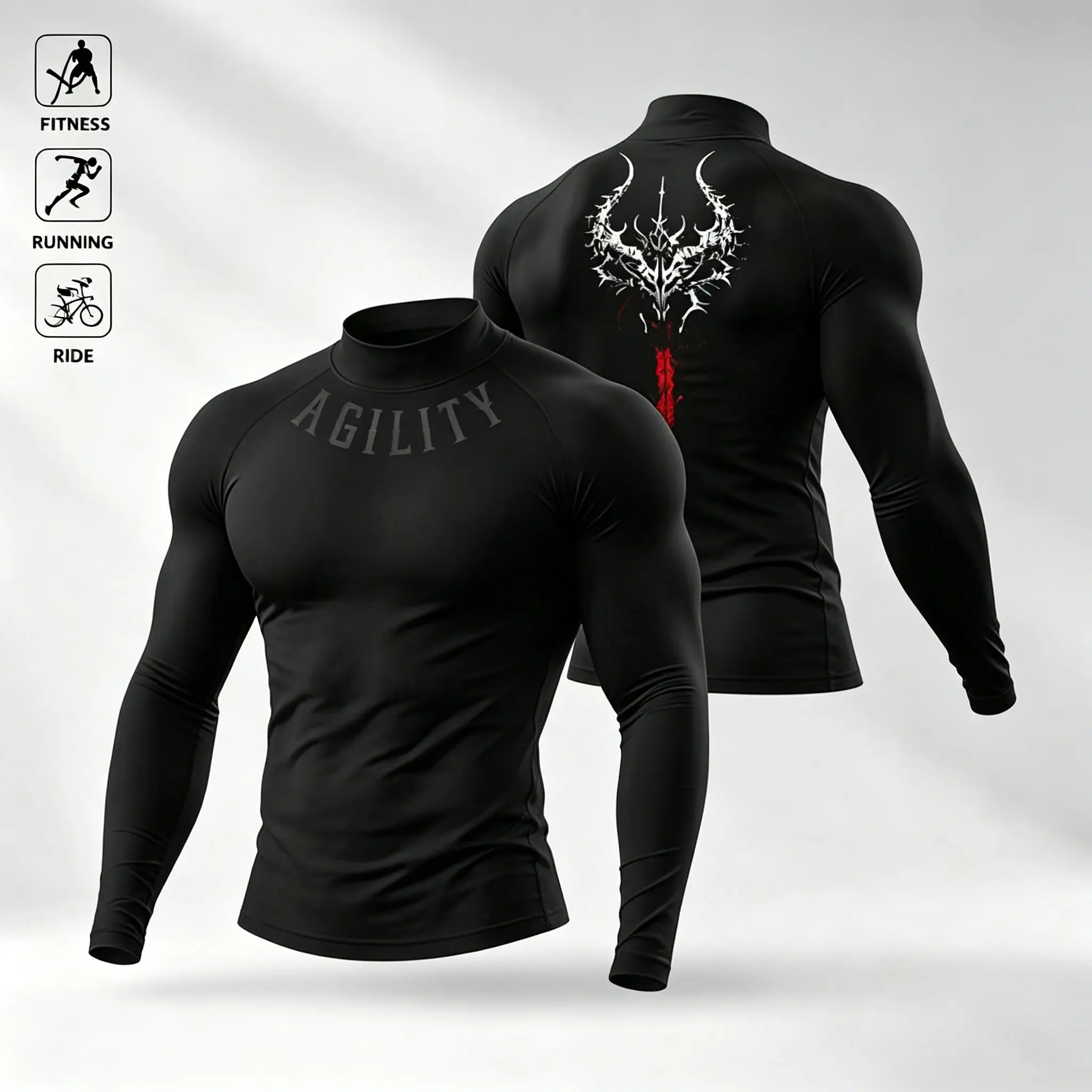 Male Mock Neck Compression Long Sleeve Shirt - Polyester Blend, Tight-Fit, Quick Dry, Moisture-Wicking Athletic Top (Standard Size) for Gym & Run Workouts