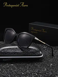 Protagonist Aura Matte Black Cat Eye Polarized Sunglasses, Crystal And Gold Accent Temples, UV400 Protection, Anti-Glare Lenses for Women’s Daily, Vacation And Street Style