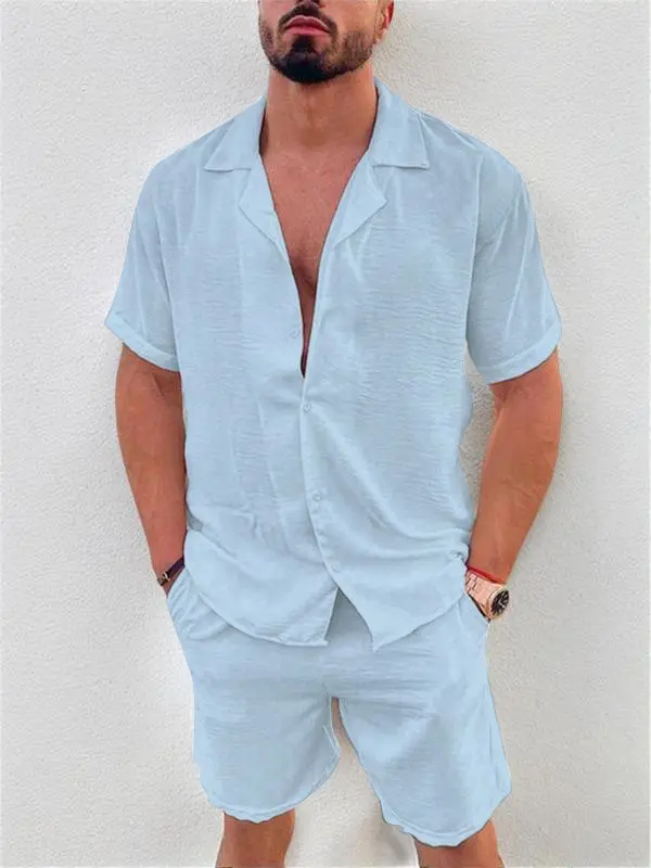 KZZ men's 2 piece set Solid Button Front Shirt & Elastic Waist Shorts Two-piece Set, Streetwear Short Sleeve Top & Pocket Design Shorts Suits Beachwear for Formal Wear, Menswear, Casual Outfits, FallFreshness Plain Tee Cotton Linen Set