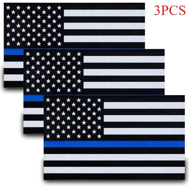 3pcs Reflective Thin Blue Line US Flag Universal Car Stickers, 5x3 in Peel-and-Stick Durable Vinyl Waterproof Decals, for Cars Laptops Bumpers, Police Law Enforcement Support, Sticker For Cars, Universal Car Sticker