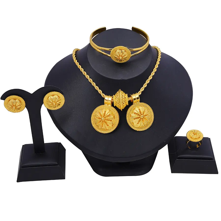 Women's Elegant Fashion Jewelry Set - Gold-Tone 4-Piece Costume Jewelry (Dubai Sunflower Twist Rope Chain Necklace with Double Rhinestone Pendants, Drop Earrings, Ring, Bracelet) for Evening Wear, Birthday Gift, Elegant Jewelry Set