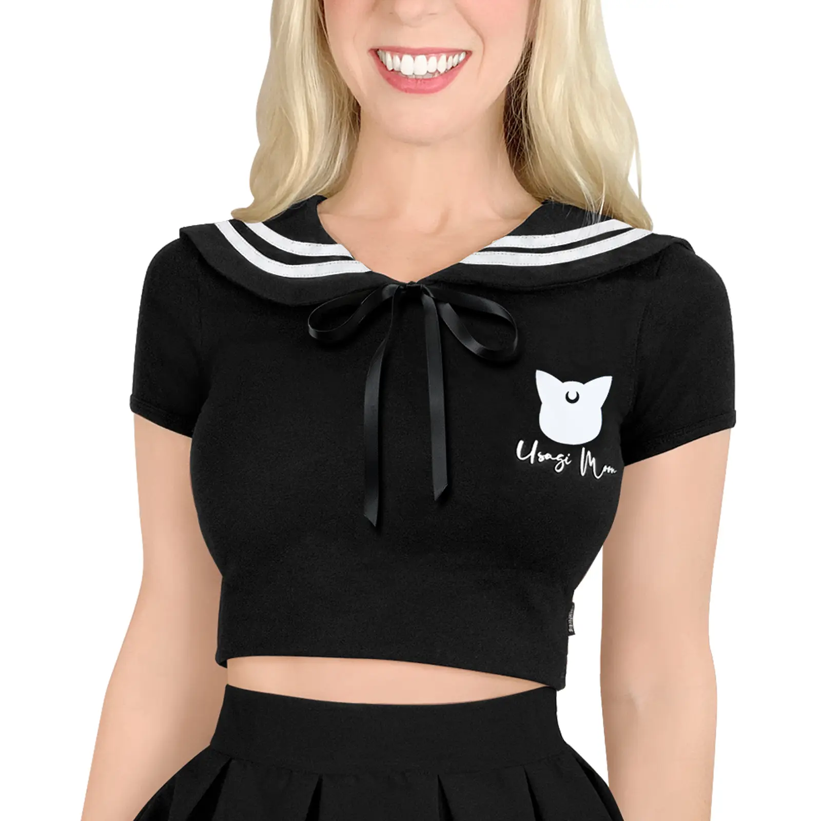 Women's Organic Cotton Fitted Casual Short-Sleeve Kawaii Usagi Sailor Collar Crop Top