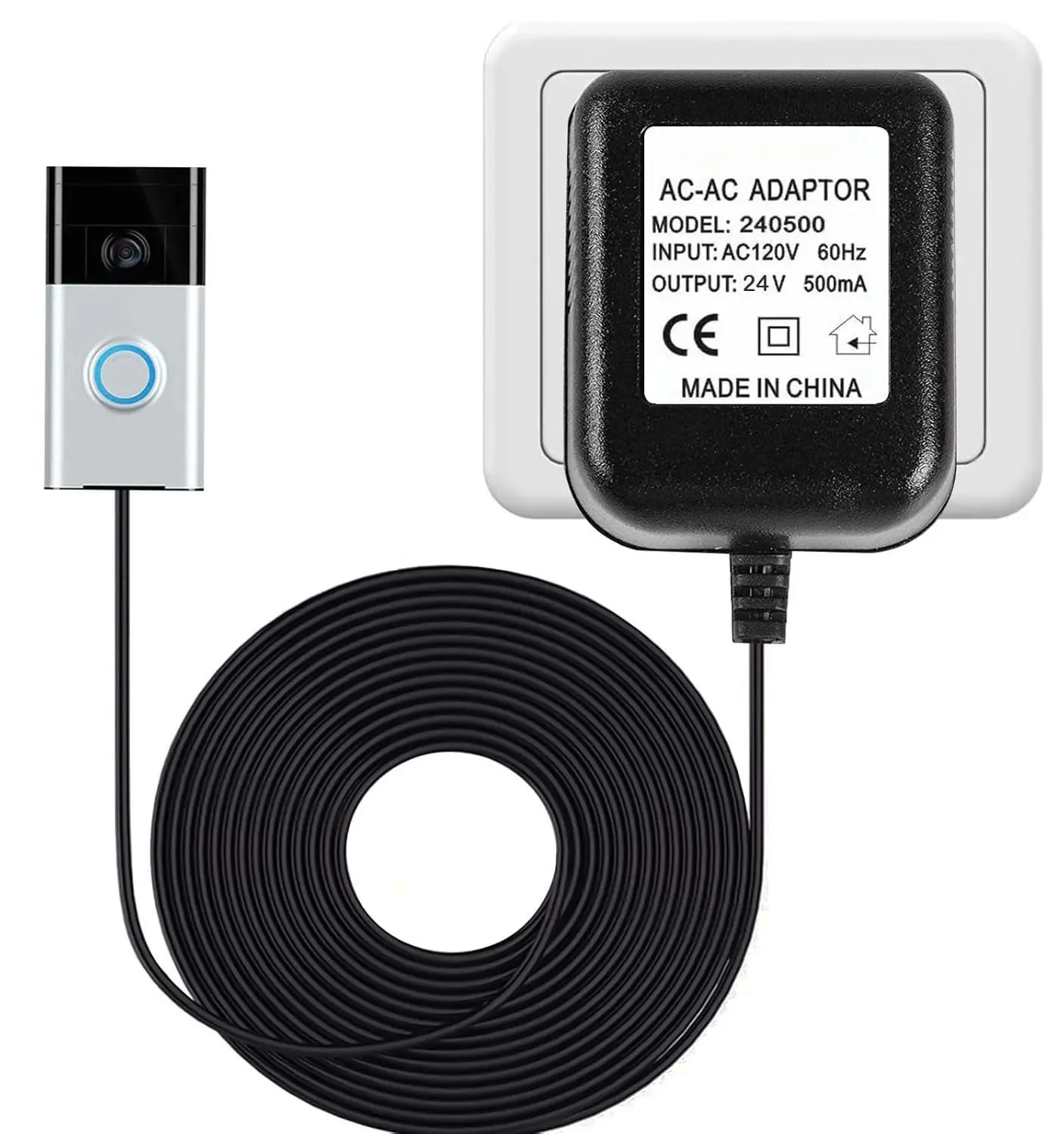 Extra Long 16.4ft Cord 24V 500mA Doorbell Transformer for Ring,Nest Hello, and Eufy Video Doorbells (Black)