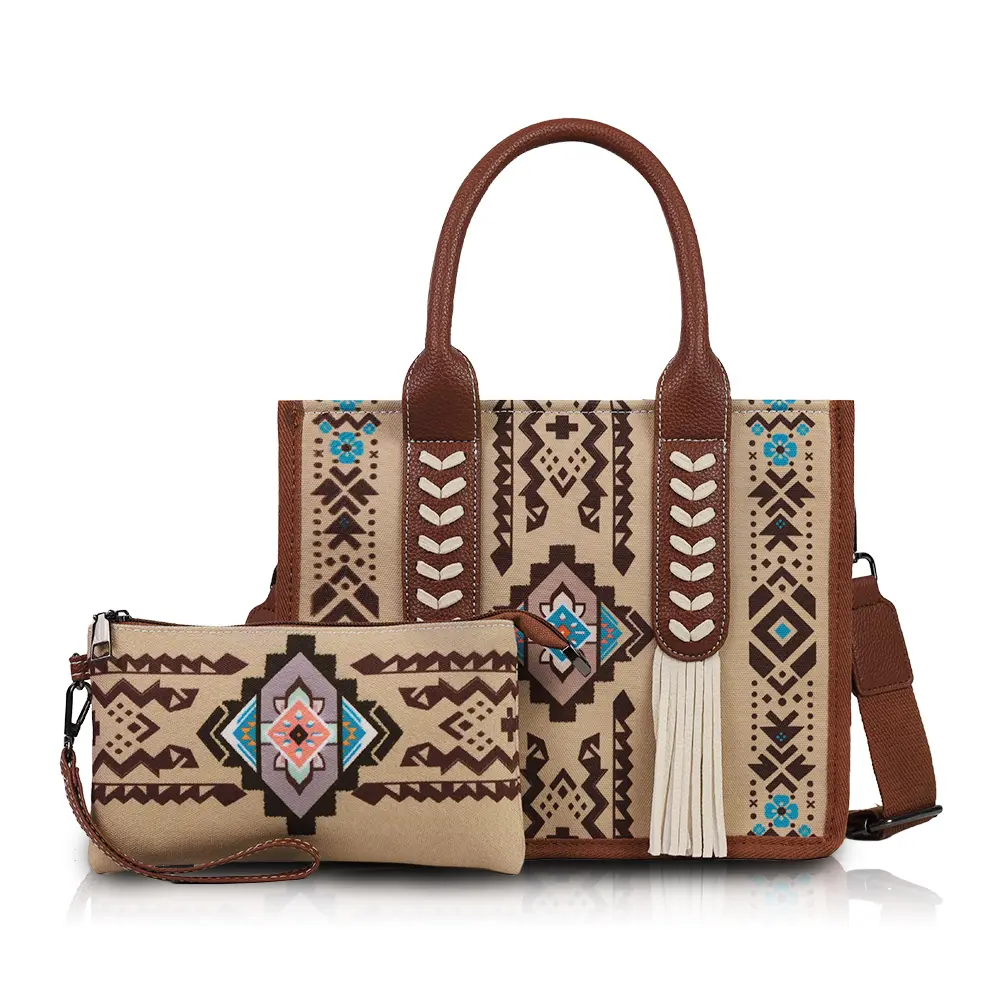 Women's 2-Piece Bohemian Purses Set - Large Tote Bags for Women & Tasseled Crossbody Handbag with Retro Ethnic Motif, All-Over Print, Versatile Elegant for Daily Use, Casual Wear, The Tote Bags For Women