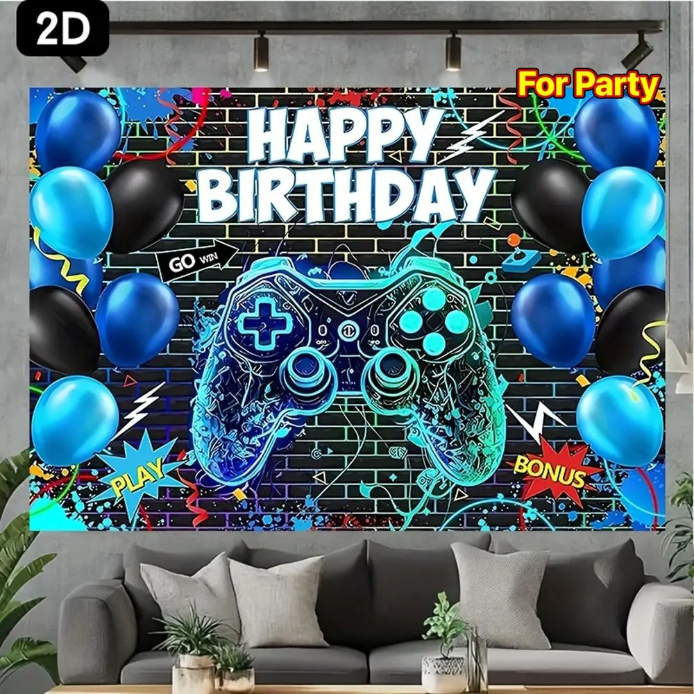 1PC Polyester Reusable 2D Flat Gaming Backdrop - Polyester Fits, 2026 Party Energy, 51.46m, Game Controller Balloon Decor Banner, Brick Wall Graffiti Style Kids' Birthday Party Decoration