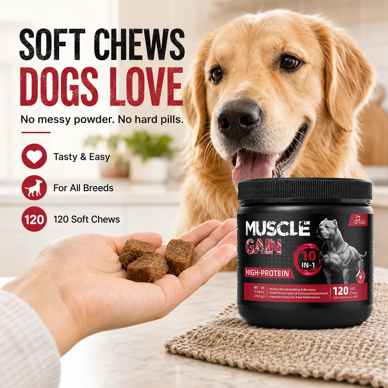 Dog 10-in-1 High-Protein Soft Chew Nutritional Supplements, 120 Count, Daily Support with Whey Protein, Amino Acids, Omega-3 & Multivitamins, Easy-to-Feed for Puppies 8+ Weeks & All Breeds of Adult Dogs immune