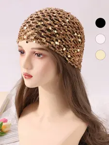 Women's Fashion Hollow Crochet Design Sequin Embellishments Baker Boy Hat, Daily Wear, Party Gathering Birthday Essential, Cute Fitted Plain Style, Baker Boy Cap, Stylish Hat, Fashion Matching Hat