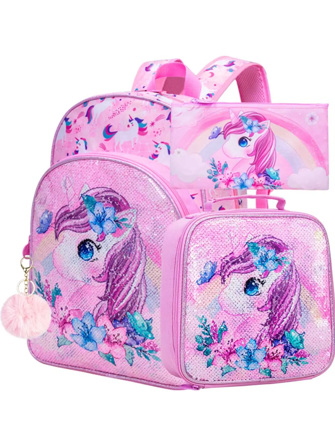 3PCS Unicorn Backpack Set for Girls, 16" Sequin Kids Bookbag and Lunch Box, Preschool Backpacks for Elementary Students